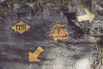 The signpost of the pedestrian route around Mont Blanc.