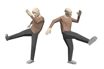 Low poly man makes low kick. Isolated on white background.