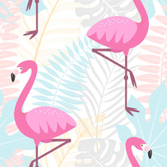 Tropical seamless pattern. Summer colorful background. Jungle birds, leaves. Vector illustration. © ceramaama