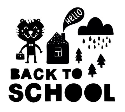 Back to school traditional poster with tiger cute animal.