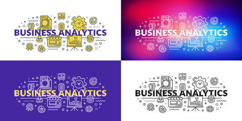 Business analytics. Flat line illustration concept for web banner and printed materials. Vector illustration in 4 different styles