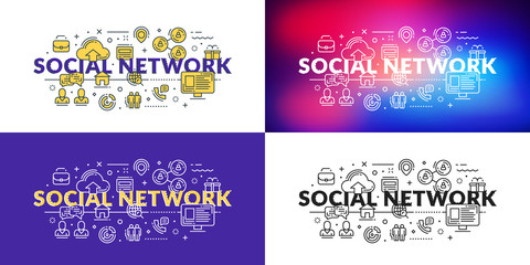 Social network. Flat line illustration concept for web banner and printed materials. Vector illustration in 4 different styles