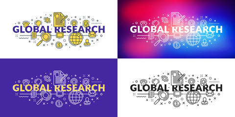 Obraz premium Global research. Flat line illustration concept for web banner and printed materials. Vector illustration in 4 different styles