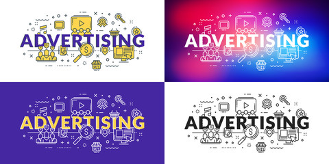 Advertising. Flat line illustration concept for web banner and printed materials. Vector illustration in 4 different styles