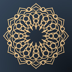 Laser cutting mandala. Golden floral pattern. Oriental silhouette ornament. Vector coaster design.