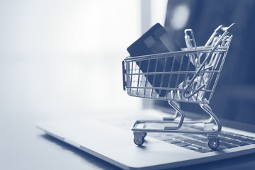 Shopping cart and credit card on laptop,online shopping and delivery service concept. - 216622715
