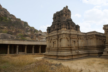 Fototapeta na wymiar Twin chambered shrine of goddess, Achyuta Raya temple, Hampi, Karnataka. Sacred Center. View from south-east.