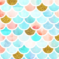 Mermaid scales. Watercolor fish scales. Bright summer pattern with reptilian scales. Glitter gold scales. - 216623382