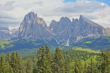 Sassolungo and Sassopiatto mountains viewed from Alpe de Siusi above Ortisei, Val Gardena, Dolomites, Italy