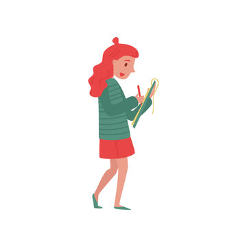 Young girl journalist taking notes on her clipboard. Professional at work. Official press reporter. Flat vector design