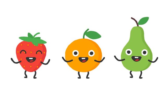 Set dancing fruits strawberry orange pear. Loop animation. Alpha channel.