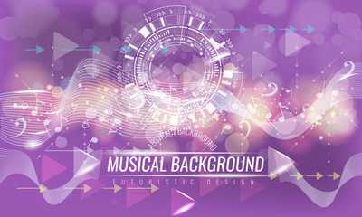 Abstract musical futuristic background with arrows and bokeh effect. Vector background. Purple color