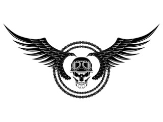 Vector image of a skull in a helmet with a chain and wings.