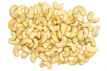 Lot of whole raw cashew nut flatlay isolated on white background