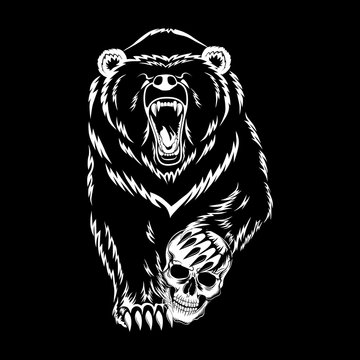 Vector image of a polar bear with a skull on a black background.