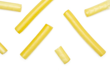Lot of whole smoked slovak string cheese stick flatlay isolated on white background