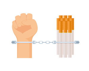 Handcuffs holding hands and cigarettes, bound together, no smoking.