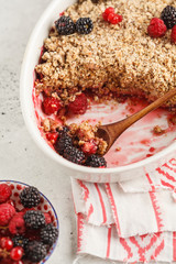 Breakfast with coffee and crumble pie, white background, healthy breakfast concept.