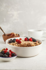 Breakfast with coffee and crumble pie, white background, healthy breakfast concept.
