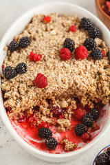 Breakfast with coffee and crumble pie, white background, healthy breakfast concept.
