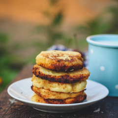 fritters - pancakes of a portion cheesecakes with berries. food background