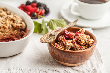 Breakfast with coffee and crumble pie, white background, healthy breakfast concept.