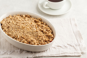 Breakfast with coffee and crumble pie, white background, healthy breakfast concept.