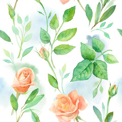 Seamless pattern with rose flowers and leaves. Watercolor hand drawn background. floral pattern for wallpaper or fabric.