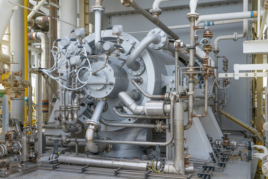 Gas Compressor Bundle On Offshore Oil And Gas Industry With Piping And Instrument System.