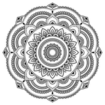 Naklejki Circular pattern in form of mandala for Henna, Mehndi, tattoo, decoration. Decorative frame ornament in ethnic oriental style. Coloring book page.