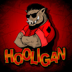 Boar-hooligan on a red background.