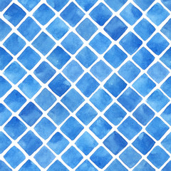 Seamless watercolor pattern. Hand painted mosaic background with diagonally laid squares in blue