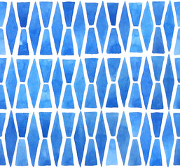 Hand painted mosaic background with geometric elements in blue. Seamless watercolor pattern - 216632583