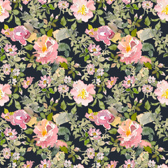 Seamless pattern of summer garden yellow and pink rose flower. Watercolor floral illustration on dark background. Botanical decorative element. Flower concept. Botanica concept.