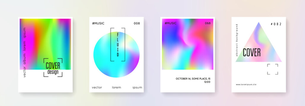 Holographic cover set. Abstract backgrounds. Trendy holographic cover with gradient mesh. 90s, 80s retro style. Pearlescent graphic template for placard, presentation, banner, brochure.