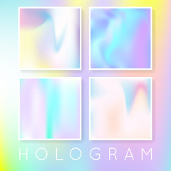 Fototapeta premium Holographic foil backgrounds set. Futuristic gradient backdrop with holographic foil. 90s, 80s retro style. Pearlescent graphic template for banner, flyer, cover, mobile interface, web app.