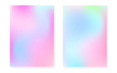 Holographic cover set with hologram gradient background. 90s, 80s retro style. Iridescent graphic template for book, annual, mobile interface, web app. Colorful minimal holographic cover.