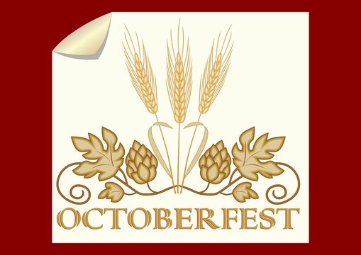 Octoberfest banner, golden hops and barley on old yellow paper, dark red background. Elegant beer symbol.