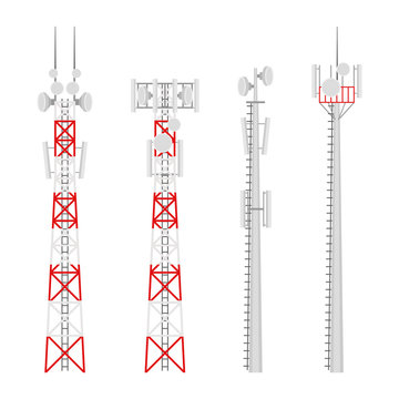 Transmission cellular towers vector set. Mobile communications tower with satellite communication antennas. Radio tower for wireless connections.
