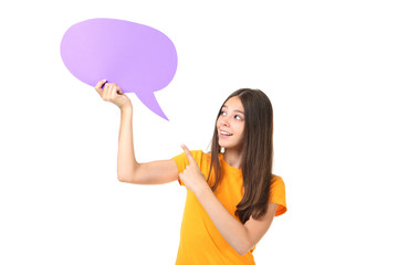 Young girl with speech bubble on white background