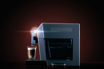 Coffee machine without flying coffee beans across it on dark background. Concept studio shooting. High speed freezing photo