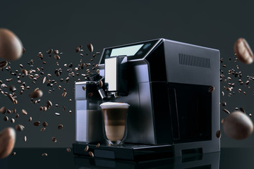 Coffee machine with flying coffee beans across it on dark background. Concept studio shooting. High...