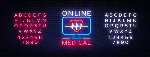 Medical Online neon sign design template. Medical Online neon emblem, light banner. Online consultation. Vector illustration. Editing text neon sign