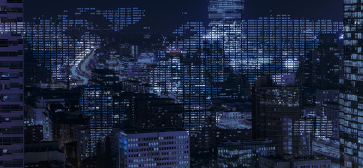 Network business conection system on cityscape background