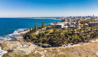 Aerial drone view of Shelly Beach at Caloundra, Sunshine Coast, Australia