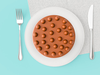 Delicious cakes on the plate on colour background. Top view. 3D render