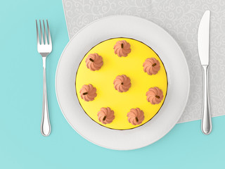 Delicious cakes on the plate on colour background. Top view. 3D render