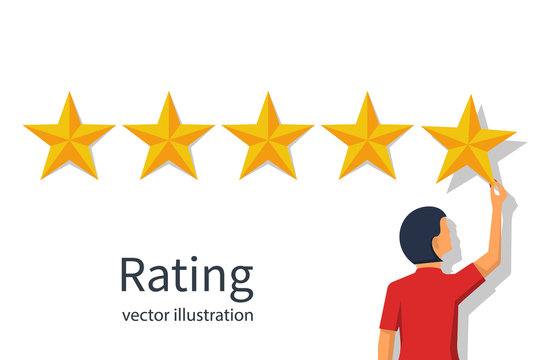 Star rating. Businesswoman holding a gold star in hand, to give five. Feedback concept. Evaluation system. Positive review. Vector illustration flat design. Isolated on white background. Quality work.