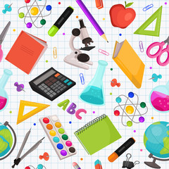 School doodle background. Vector seamless pattern from school elements hand drawn on squared background. Back to school backdrop in sketch style.