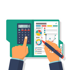 Financial accounting concept. Organization process, analytics, research, planning, report, market analysis. Flat style vector. Businessman holding pen, clipboard financial tables, graphs.